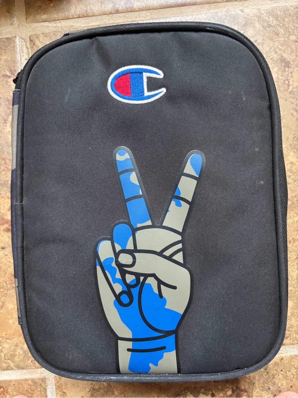 Champion Black Lunch Bag with Blue Peace-Hand Graphic